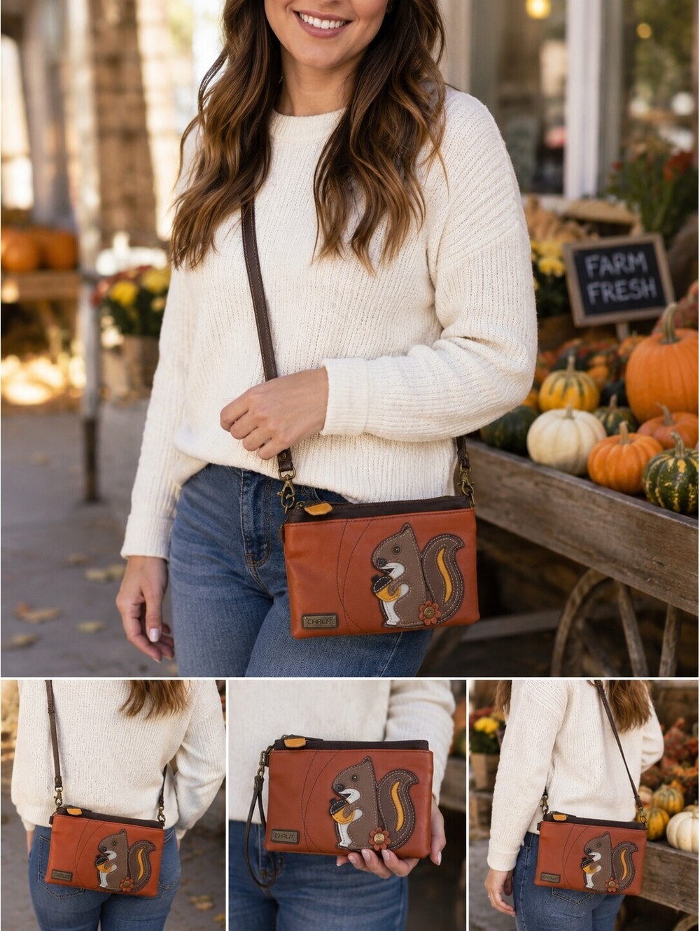 Chala Squirrel Vegan Leather Convertible Shoulder Crossbody Bag Purse Cognac